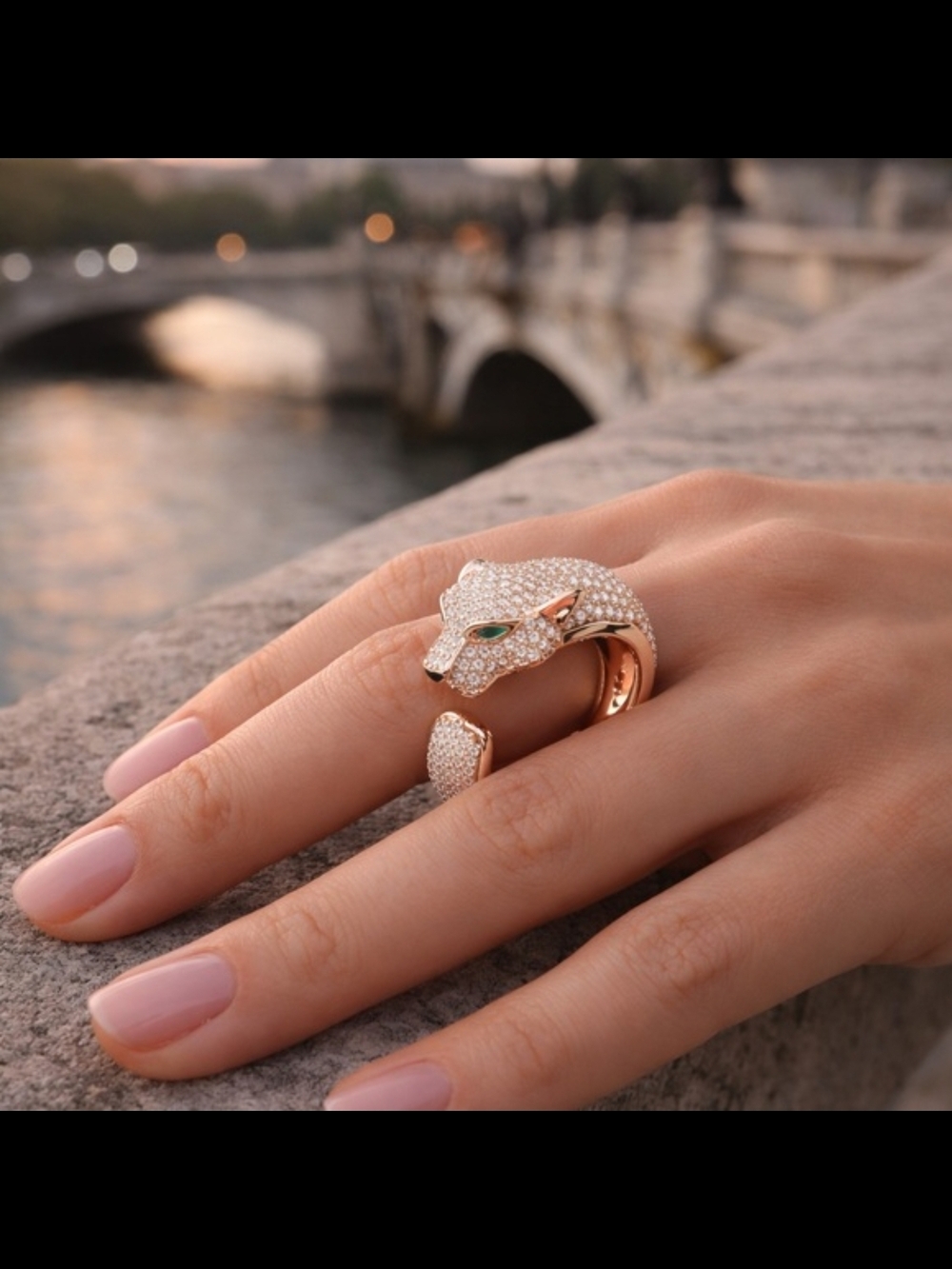 Vintage Rose Gold Panther Cuff Ring with Green Eyes - Women Jewelry - Picture 3 of 7